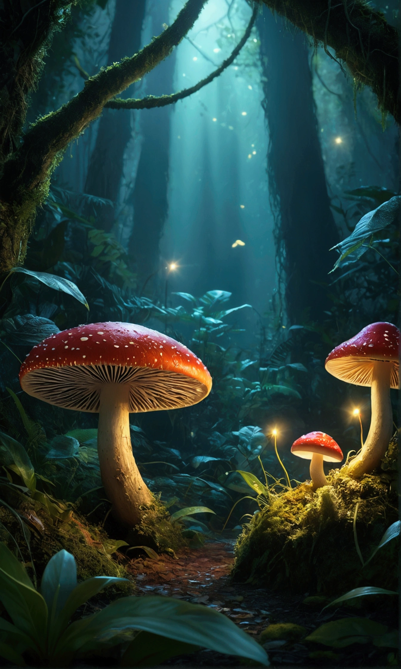 Best jungle scenery,(Highest quality,4K,8k,High range,Master Parts:1.2),Ultra-detailed,(Realistic,Realistic,Photorealistic:1.37),Soft lighting, Fantastic colors, (Fairy 1.5), Mysterious Forest, A fascinating scene, Glowing Firefly, A flashy luminous mushroom, Mysterious atmosphere, Magical creatures, An attractive setup, Dreamlike quality, Forest Creatures, Sparkling Light