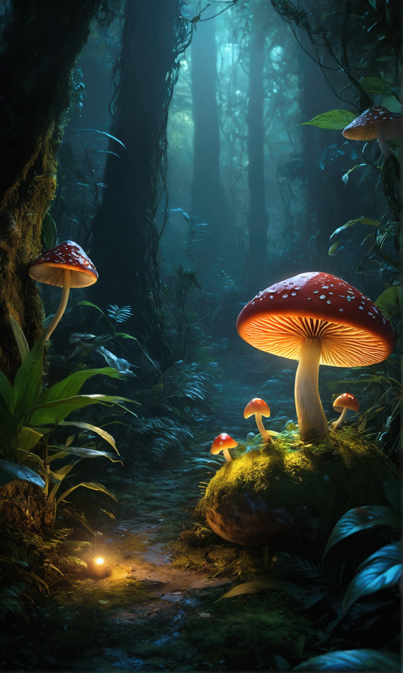 Best jungle scenery,(Highest quality,4K,8k,High range,Master Parts:1.2),Ultra-detailed,(Realistic,Realistic,Photorealistic:1.37),Soft lighting, Fantastic colors, (Fairy 1.5), Mysterious Forest, A fascinating scene, Glowing Firefly, A flashy luminous mushroom, Mysterious atmosphere, Magical creatures, An attractive setup, Dreamlike quality, Forest Creatures, Sparkling Light