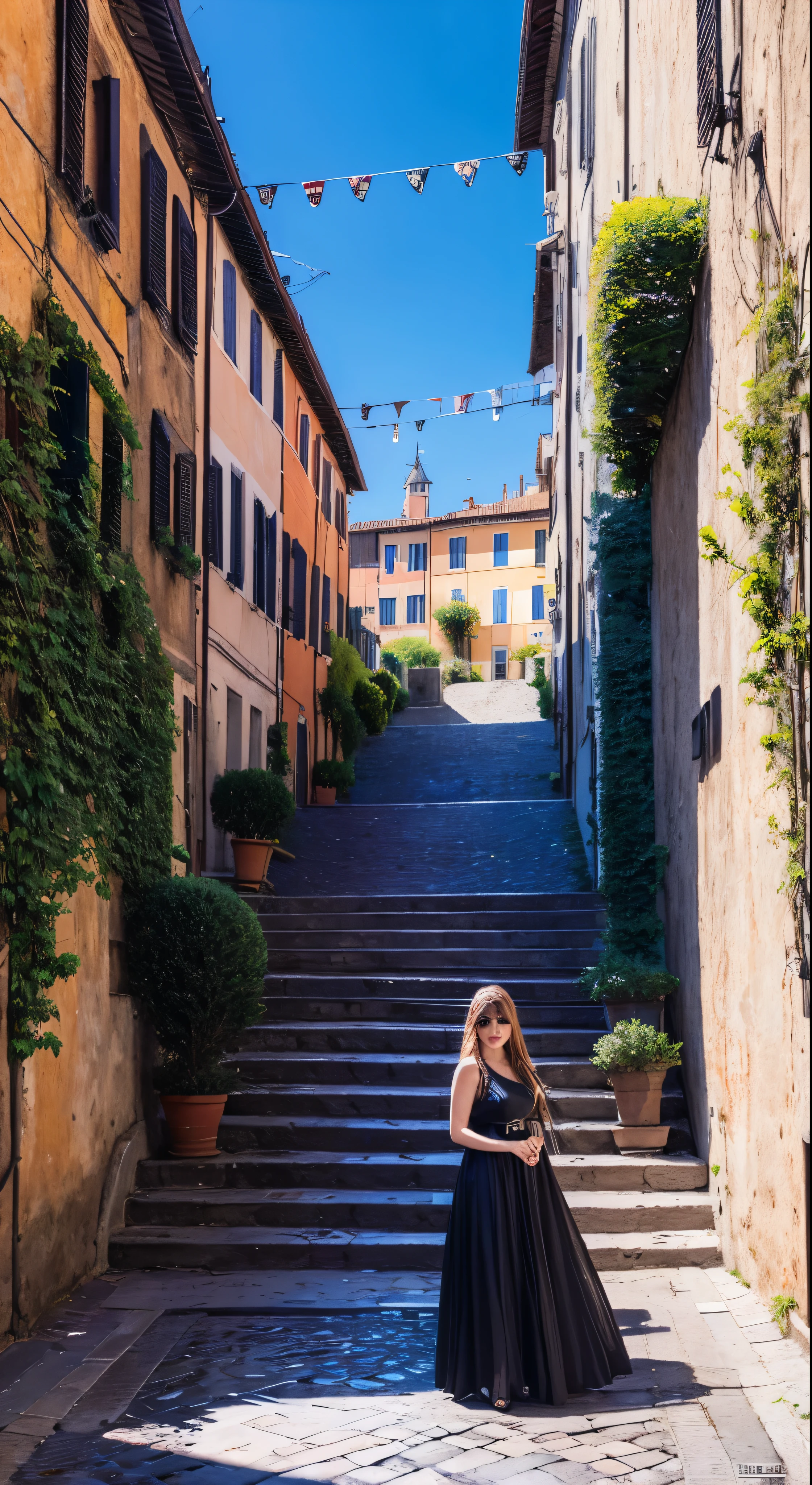 Rome, (realistic), watercolor, best quality, dynamic colors, swirls, architectural streets, a character portrait, blue eyes, vines, landscape, clear sky, black colors, chains connected to rings, digital painting, ultra high resolution,