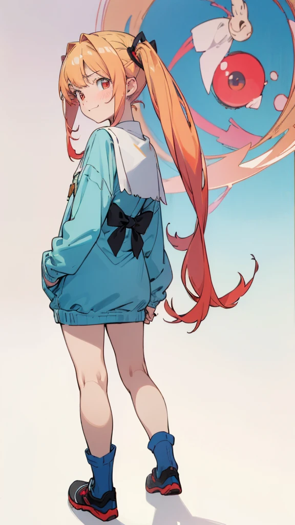 ((masterpiece))((Highest quality))girl、Smirk、blush、Flat Chest、Are thin、Blonde Hair、blush、Are standing、Whole body image、Eye level to the feet、、No background、Blue clothes、Hair is two colors、Twin tails、Red Eyes、Look back、Two-tone red and yellow hair