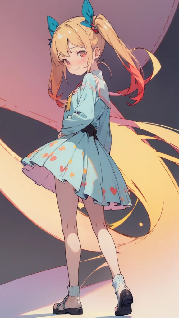 ((masterpiece))((Highest quality))girl、Smirk、blush、Flat Chest、Are thin、Blonde Hair、blush、Are standing、Whole body image、Eye level to the feet、、No background、Blue clothes、Hair is two colors、Twin tails、Red Eyes、Look back、Two-tone red and yellow hair