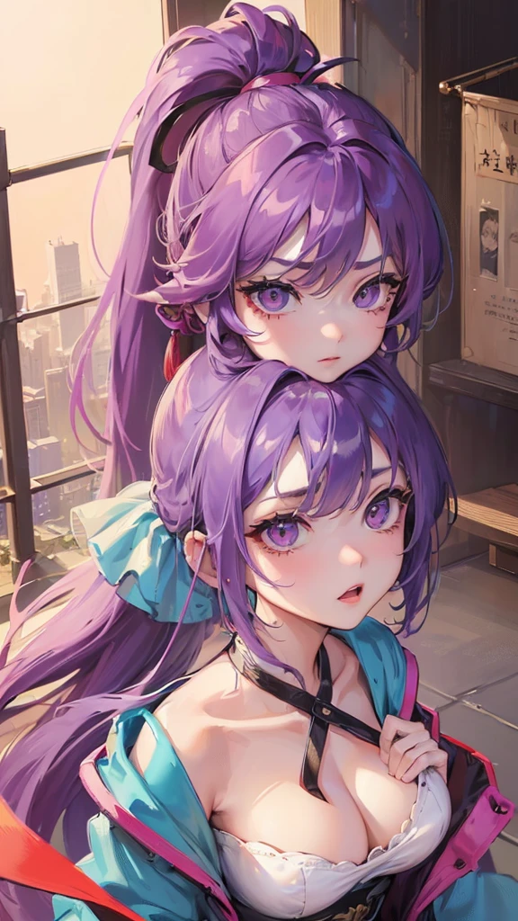 Highest quality, Very detailedな, Highest quality, Very detailed, beautiful, 8k,
woman, Purple Hair, Long Hair, Pink Eyes, Very detailed目, Chinese clothes, Purple clothes, Finding, High Ponytail, Reflective Water, City Street, blue sky, Strong expression,(Sharp Eye:1.2),(Make a frown:1.1), (Look at people with harsh eyes:1.5), ,Browsing Caution,(Ecstasy:1.3) ,(Last:1.2),(Vulgarity:1.3),(It's a mess:1.1),(vapor:1.1),(trembling:0.8),(Sweat:0.8),Open your mouth,