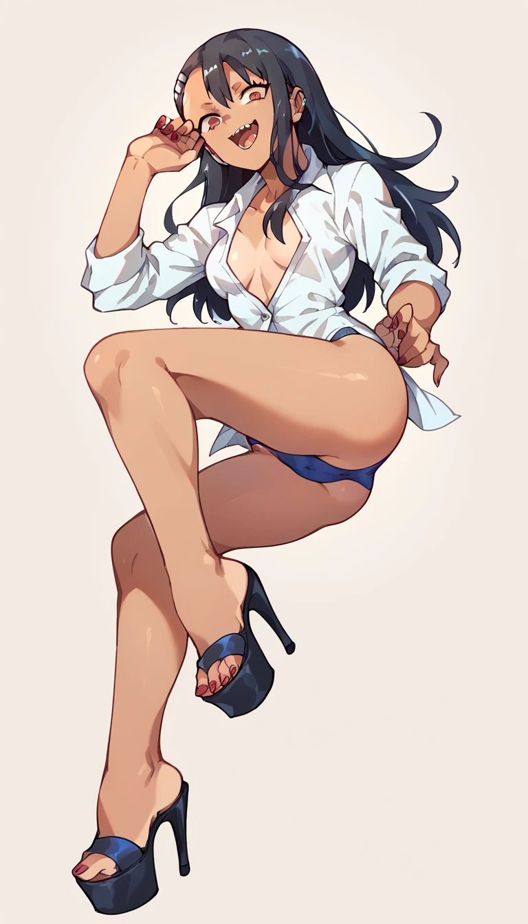 Hayase Nagatoro, White unbuttoned shirt, blue panties , clear open-toe platform high heels, red nails 