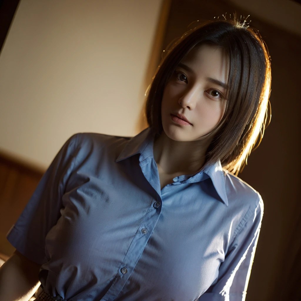 top quality, masterpiece, (photorealistic:1.4), 1girl, faint smile, collared shirt, waist up, dramatic lighting, from below, big tits