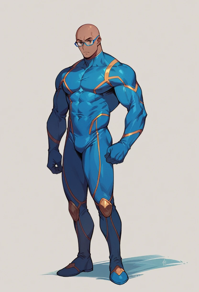 a anime man, dark skinned, bald, dark brown eyes, wearing a blue superhero suit, wearing a blue
glasses, standing, full body, thin body