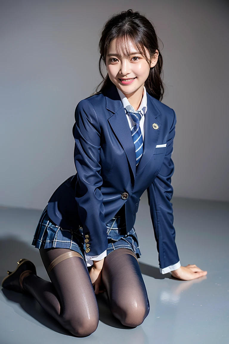 (8k), (best quality: 1.2), (realistic), (realistic: 1.37), ultra high resolution, (1 girl), cute, blush,embarrassed smile, beautiful details, beautiful nose, wet hair, huge two cells, pork, thighs，Self Snap,college ,(Simple navy blue blazer:1.4),(pleated skirt:1.2),(The skirt and tie are in a gray tartan check pattern..:1.3),(seat:1), sit on the floor,(hold my feet:1),(shiny pantyhose:1.2),in front,knee