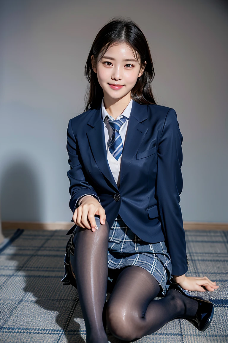 (8k), (best quality: 1.2), (realistic), (realistic: 1.37), ultra high resolution, (1 girl), cute, blush,embarrassed smile, beautiful details, beautiful nose, wet hair, huge two cells, pork, thighs,Self Snap,college ,(Simple navy blue blazer:1.4),(pleated skirt:1.2),(The skirt and tie are in a gray tartan check pattern..:1.3),(seat:1), sit on the floor,(hold my feet:1),(shiny pantyhose:1.2),in front,knee