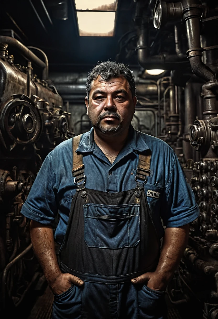 (((Portrait of a 21st century Brazilian engine room worker ))), fat, and rough face stained with soot, photorealistic details, ((engine room complex machinery background)), pistons, and tubes, strong lighting, ((a worker in overalls)), realism Cinematic rendering of gritty engine room interior, dark tones with dramatic light and shadow, front view of ship's gray-haired stoker in dirty, oil-stained clothes, rosto enrugado pela tensão e sujeira do work árduo, fotorrealism, Industrial environment of the 2024s, solemn and gloomy atmosphere, complex period clothing and architectural details, film composition, Industry, factories, work