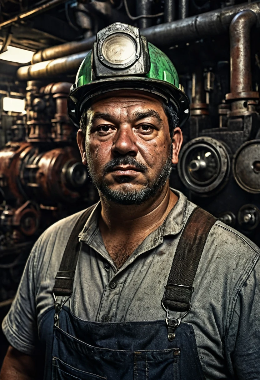 (((Portrait of a 21st century Brazilian engine room worker ))), fat, and rough face stained with soot, photorealistic details, ((engine room complex machinery background)), pistons, and tubes, strong lighting, ((a worker in overalls)), realism Cinematic rendering of gritty engine room interior, dark tones with dramatic light and shadow, front view of ship's gray-haired stoker in dirty, oil-stained clothes, rosto enrugado pela tensão e sujeira do work árduo, fotorrealism, Industrial environment of the 2024s, solemn and gloomy atmosphere, complex period clothing and architectural details, film composition, Industry, factories, work