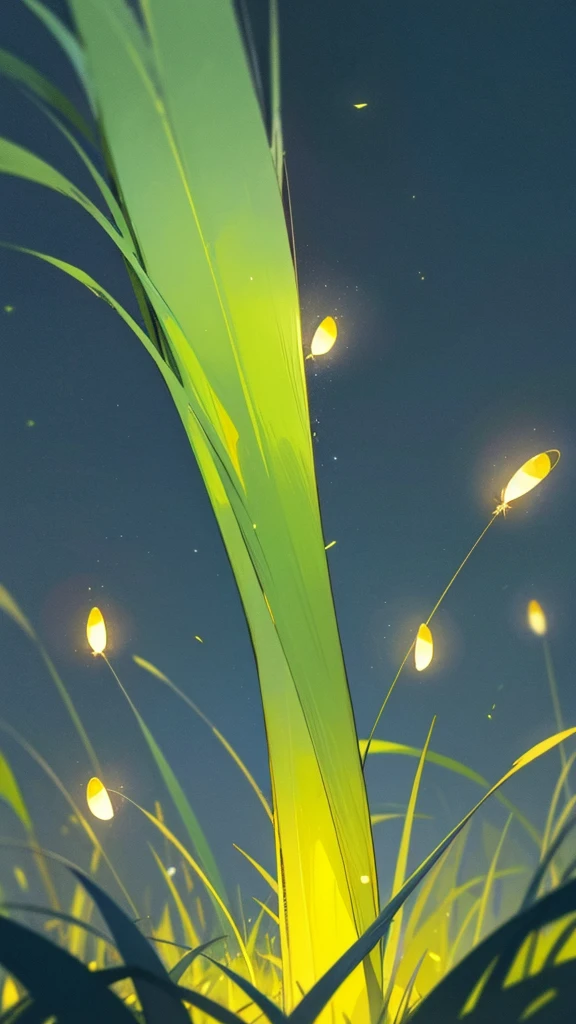 Create a photograph featuring a close-up view of fireflies glowing among grass blades against a dark, blue-toned background. The fireflies should emit a soft yellow-green light, and the overall scene should convey a sense of tranquility and natural beauty in the nighttime setting.
