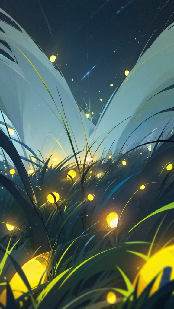 Create a photograph featuring a close-up view of fireflies glowing among grass blades against a dark, blue-toned background. The fireflies should emit a soft yellow-green light, and the overall scene should convey a sense of tranquility and natural beauty in the nighttime setting.
