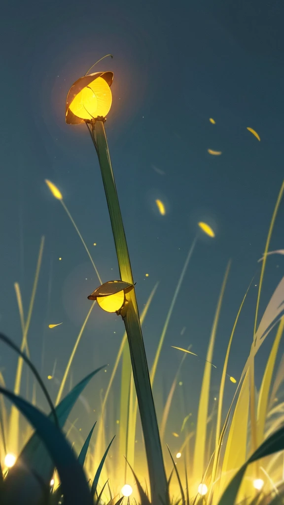Create a photograph featuring a close-up view of fireflies glowing among grass blades against a dark, blue-toned background. The fireflies should emit a soft yellow-green light, and the overall scene should convey a sense of tranquility and natural beauty in the nighttime setting.