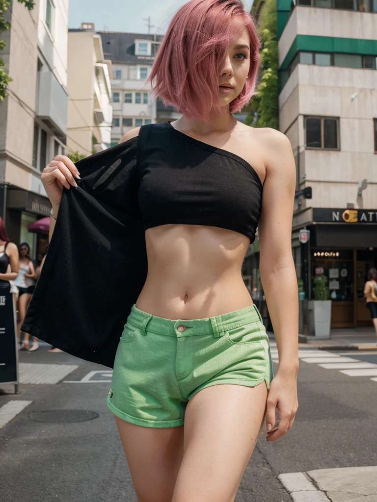 girl, , short shoulder-length hair, pink hair color,  green shorts, black top