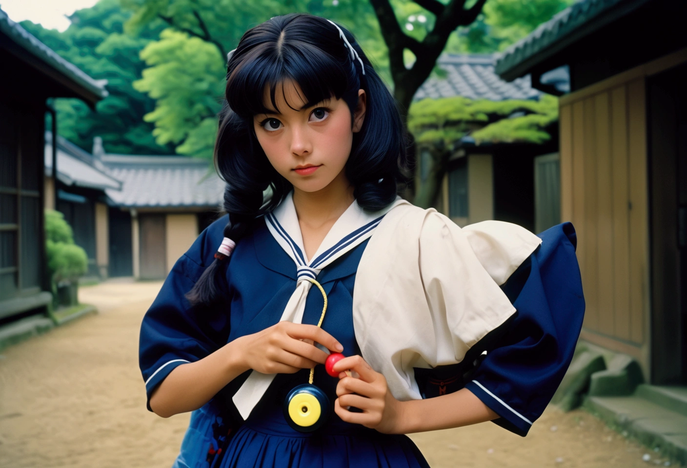 Photo of Sukeban Deka, Yoyo-girl-detective, wearing dark blue Sailor Fuku long skirt, holding a toy yoyo in her hand, 80s Japanese Drama. Canon 5d Mark 4, Kodak Ektar, 35mm
