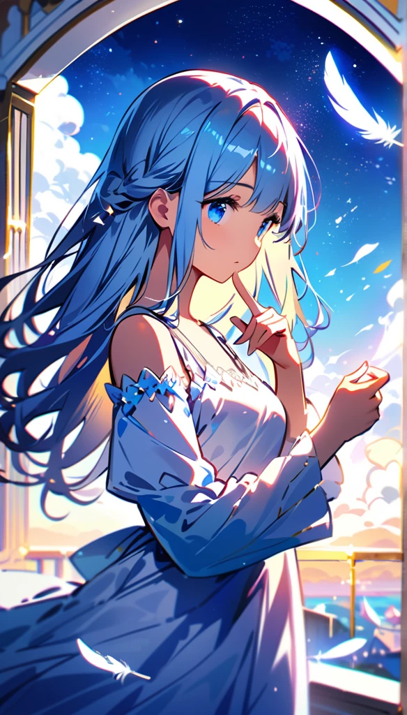 (best quality:1.2),(hands finger 5 digits:1.3),(extremely delicate and beautiful:1.3),(detailed ultra detailed:1.2),(scenery clear details:1.2),(scenery crystal clear :1.2),(solo),(blue eyes),(long white long hair),(white dress),(angel wings),(floating white feathers,starry sky),(clusters of stars,starry sky),(glinting stars),(solo),(long silver long hair),(best quality:1.2),(hands finger 5 digits:1.3),(extremely delicate and beautiful:1.3),(detailed ultra detailed:1.2),(scenery clear details:1.2),