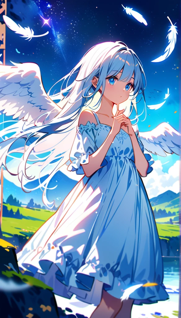 (best quality:1.2),(hands finger 5 digits:1.3),(extremely delicate and beautiful:1.3),(detailed ultra detailed:1.2),(scenery clear details:1.2),(scenery crystal clear :1.2),(solo),(blue eyes),(long white long hair),(white dress),(angel wings),(floating white feathers,starry sky),(clusters of stars,starry sky),(glinting stars),(solo),(long silver long hair),(best quality:1.2),(hands finger 5 digits:1.3),(extremely delicate and beautiful:1.3),(detailed ultra detailed:1.2),(scenery clear details:1.2),