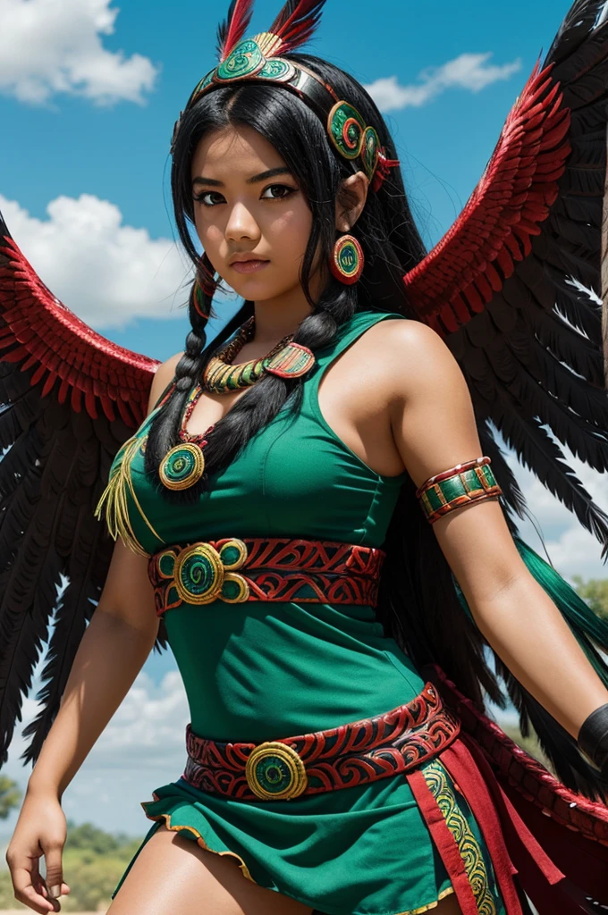 A girl from boku no hero who has black hair, red eyes with green , He wears a Mayan costume and has the feathered serpent as a mascot. 