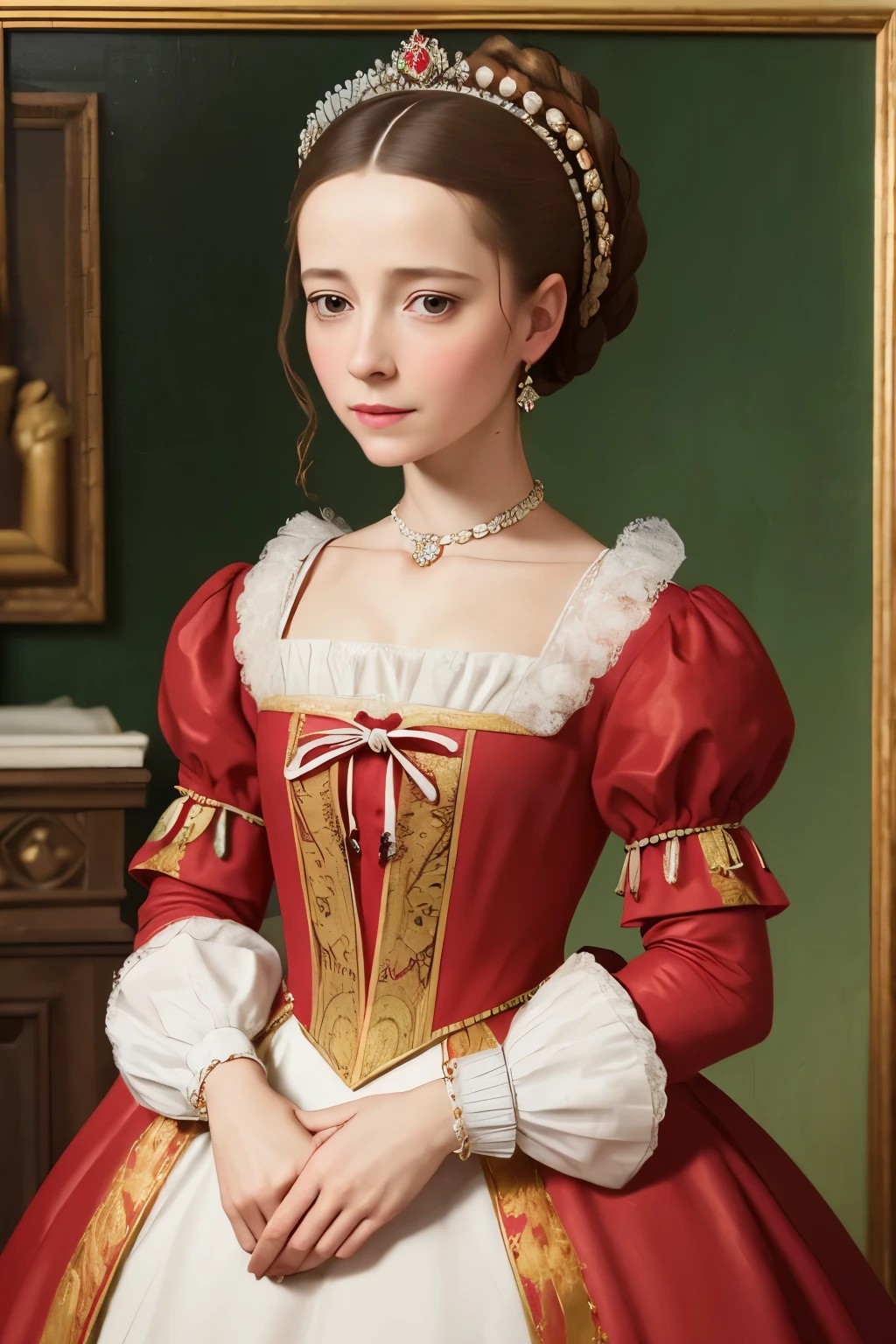 painting of a woman in a red dress with a white collar, portrait of a queen, 1 7 th century duchess, as an elegant noblewoman, inspired by Sofonisba Anguissola, 1500s oil portrait, wearing elegant tudor clothes, by Sofonisba Anguissola, painted in 1530, inspired by Eleanor Vere Boyle
