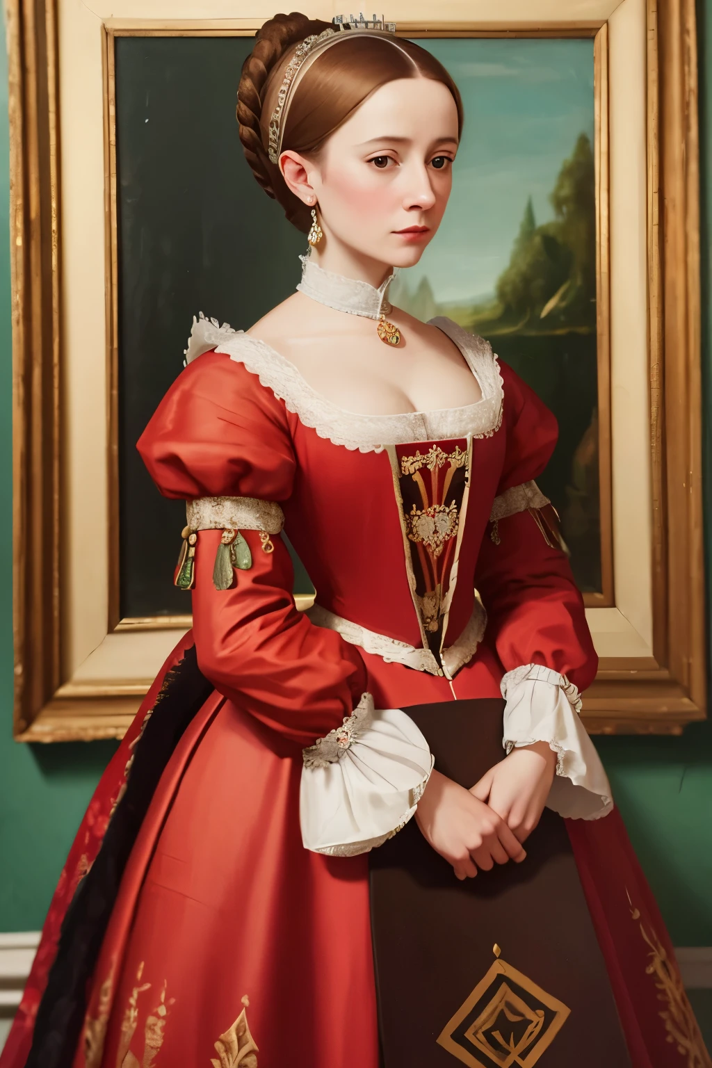 painting of a woman in a red dress with a white collar, portrait of a queen, 1 7 th century duchess, as an elegant noblewoman, inspired by Sofonisba Anguissola, 1500s oil portrait, wearing elegant tudor clothes, by Sofonisba Anguissola, painted in 1530, inspired by Eleanor Vere Boyle