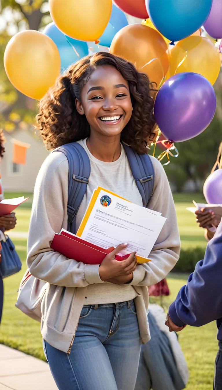 A young woman holding a college acceptance letter with a beaming smile. Around her, her family hugs her and celebrates, with tears of happiness and expressions of pride. Balloons and a 'Congratulations' banner in the background indicate the celebration