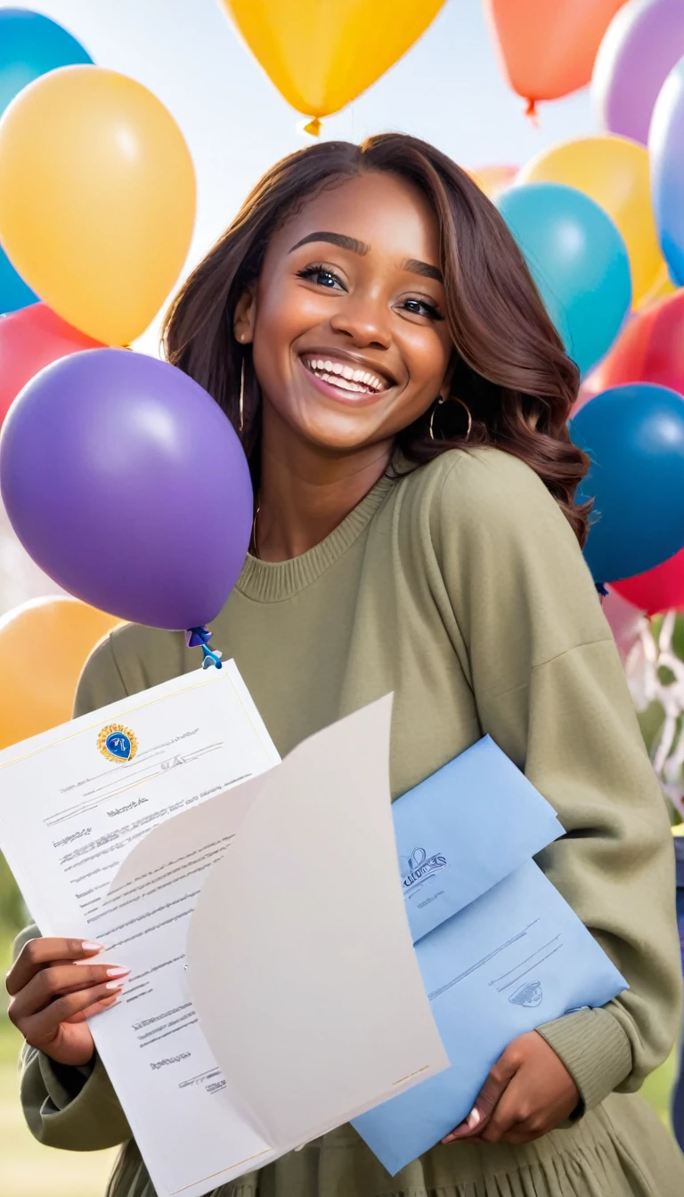 A young woman holding a college acceptance letter with a beaming smile. Around her, her family hugs her and celebrates, with tears of happiness and expressions of pride. Balloons and a &#39;Congratulations&#39; banner in the background indicate the celebration