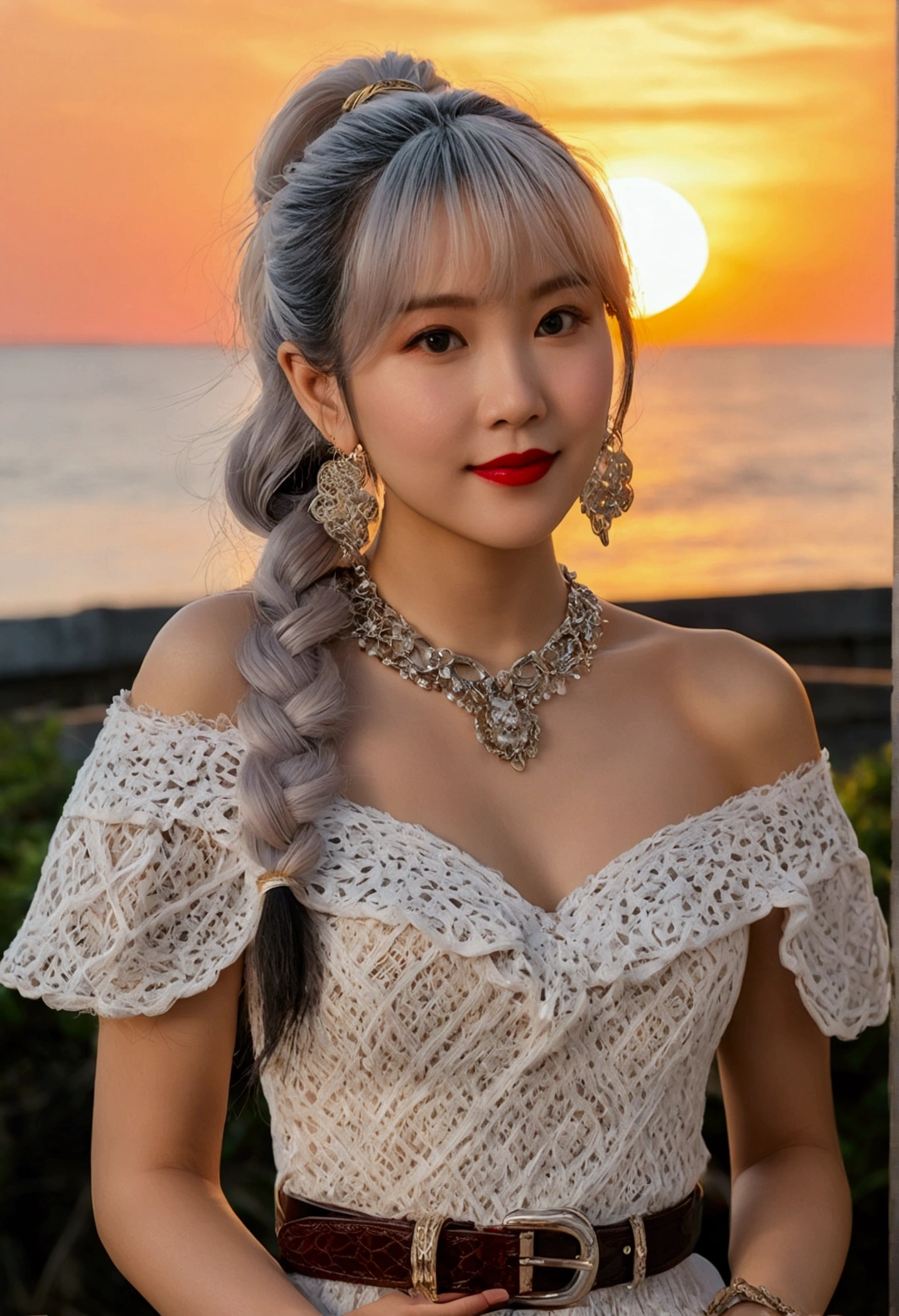 Sunset Park,The actress is a very beautiful Western adult woman.....bobbin lace ruffle mini skirt,Sexy Face, belt,bag, necklace,Earrings,Big Baggy Bobbin Lace V-Neck Off-Shoulder Sweater . smile.Sexy Face, Sexy pose, (Silver Hair、精巧な編み込みとビーズで飾られたponytailのツイストバンズ,Braided Setup Fishbone Hair,),(The bangs are see-through),(hairpin、ponytail、Floating Hair、),.(Great emphasis:1.3),Red lips,Use the sunset as illumination,Cinematic Light,(Tabletop,Highest quality,Ultra-high resolution output images,) ,(8K quality,),(SeaArt 2 Mode:1.3),,(Picture Mode Ultra HD,)
