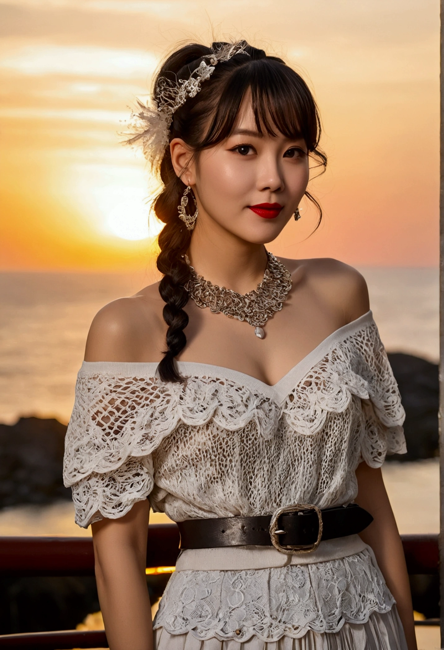 Sunset Park,The actress is a very beautiful Western adult woman.....bobbin lace ruffle mini skirt,Sexy Face, belt,bag, necklace,Earrings,Big Baggy Bobbin Lace V-Neck Off-Shoulder Sweater . smile.Sexy Face, Sexy pose, (Silver Hair、精巧な編み込みとビーズで飾られたponytailのツイストバンズ,Braided Setup Fishbone Hair,),(The bangs are see-through),(hairpin、ponytail、Floating Hair、),.(Great emphasis:1.3),Red lips,Use the sunset as illumination,Cinematic Light,(Tabletop,Highest quality,Ultra-high resolution output images,) ,(8K quality,),(SeaArt 2 Mode:1.3),,(Picture Mode Ultra HD,)