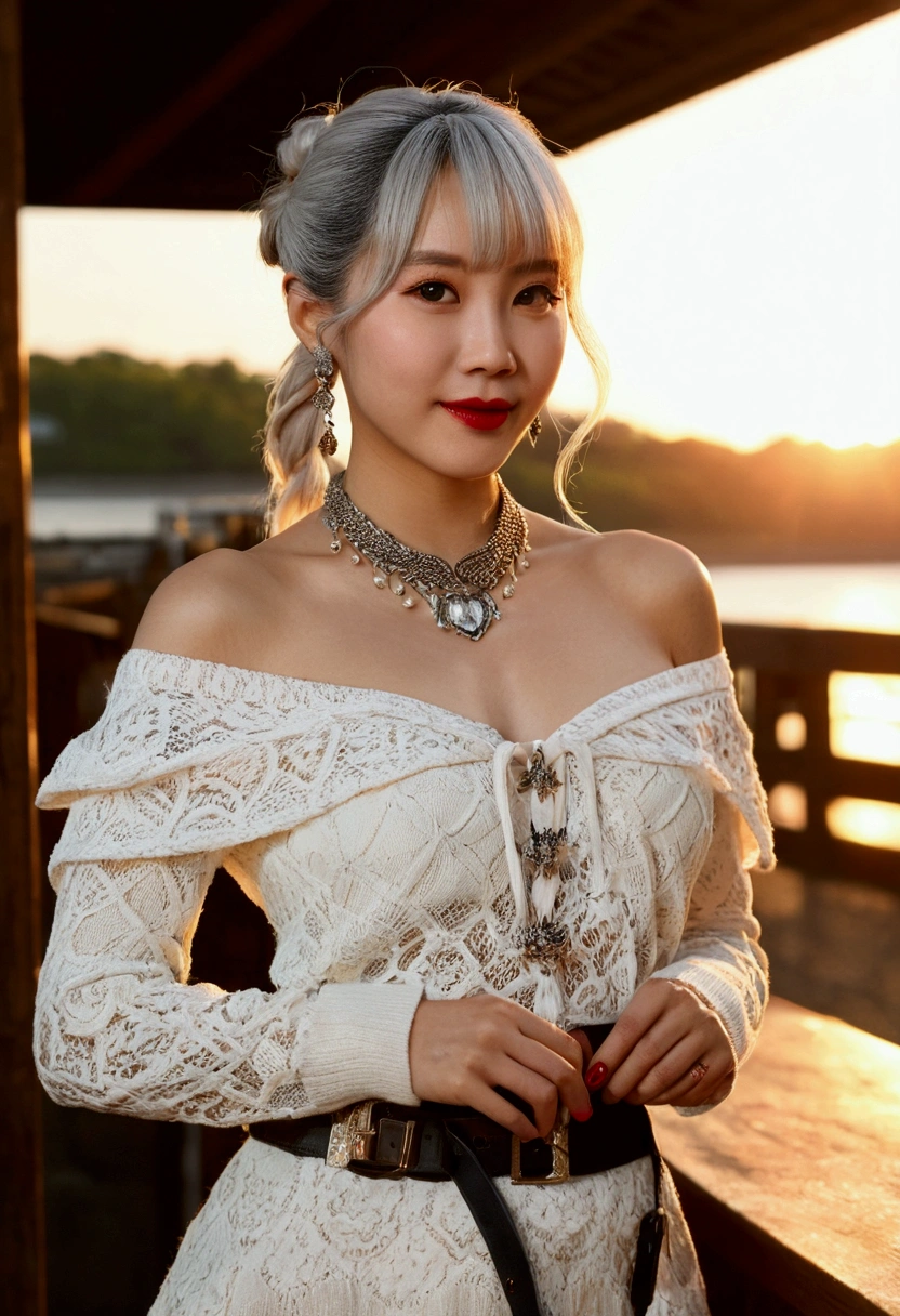 Sunset Park,The actress is a very beautiful Western adult woman.....bobbin lace ruffle mini skirt,Sexy Face, belt,bag, necklace,Earrings,Big Baggy Bobbin Lace V-Neck Off-Shoulder Sweater . smile.Sexy Face, Sexy pose, (Silver Hair、精巧な編み込みとビーズで飾られたponytailのツイストバンズ,Braided Setup Fishbone Hair,),(The bangs are see-through),(hairpin、ponytail、Floating Hair、),.(Great emphasis:1.3),Red lips,Use the sunset as illumination,Cinematic Light,(Tabletop,Highest quality,Ultra-high resolution output images,) ,(8K quality,),(SeaArt 2 Mode:1.3),,(Picture Mode Ultra HD,)