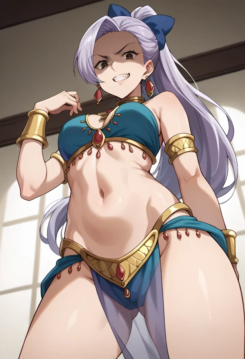 pieces fly、High resolution、1 girl、gold circlet、((sage \(DQ3\)、blue hair、circlet、light blue hair、red eyes))、16 years old、low length、slender、muscular、thin thighs、(((Sexual bra with delicate decoration、Sexual loincloth with detailed decorations、bikini armor)))、temple、sacred building、Shot of her from below