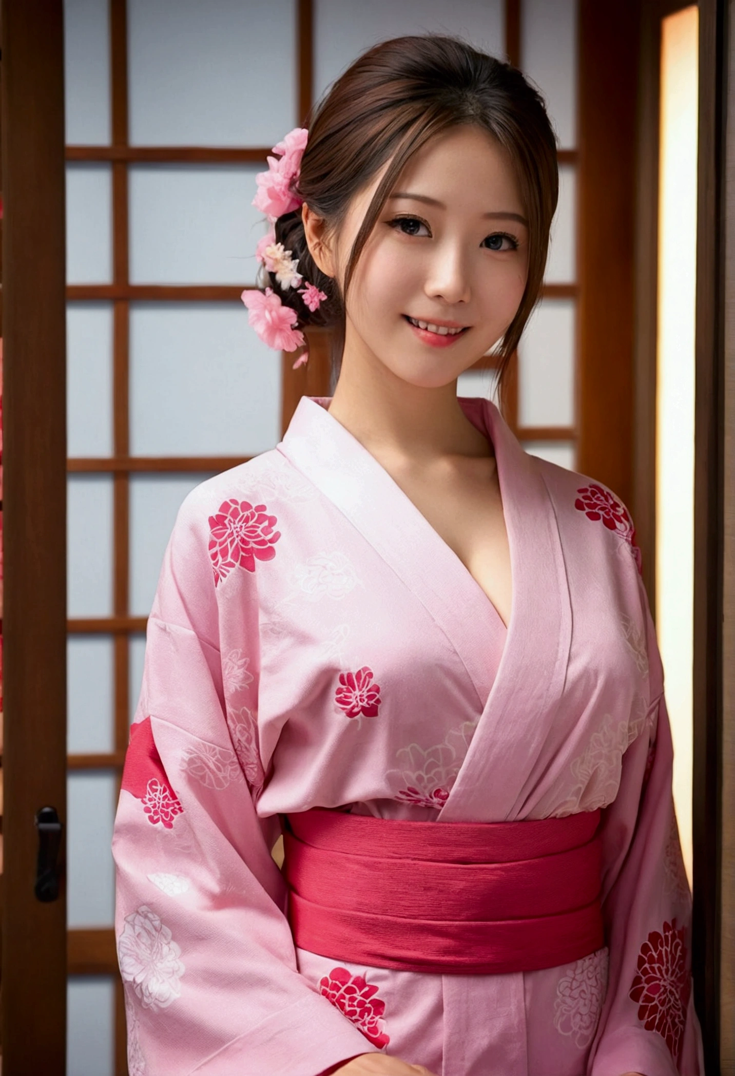 (masutepiece:1.3, Photorealsitic:1.4, 8K), top-quality, masterpiece, 超A high resolution, Perfect dynamic composition, Highly detailed skin and facial texture:1.3, A detailed eye, Detailed limbs, Fireworks display at night in Japan, 1girl in, Cute sexy 25 year old slim woman, Fair skin, ((Sense of clarity:1.1)), ((Huge chest on the verge of bursting:1.0, Do not show areola, gigantic cleavage:1.15)), (embarrassing smile:0.9, Totally captivates you:0.9), ((Long Sleeve Pink Yukata:1.3, Only the left shoulder is exposed...)), (Beautiful blue eyes, Eyes with a sense of beauty with a sense of transparency:0.85), Sexy face:0.4, red blush:1.1, (A mouthfeel that feels beautiful eros:0.85), Professional camera work, Grow Light Effect, ((low angles)), ((Too erotic:0.9)), Silver necklace