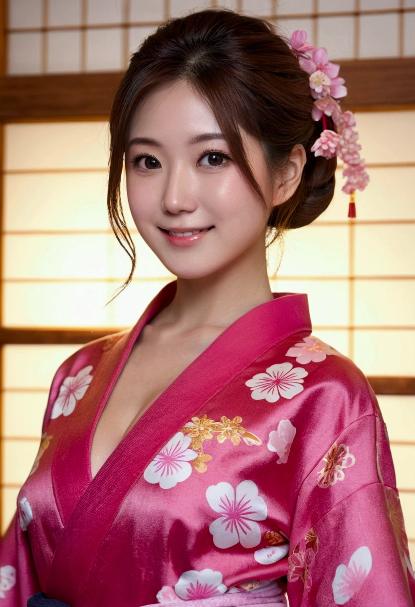 (masutepiece:1.3, Photorealsitic:1.4, 8K), top-quality, masterpiece, 超A high resolution, Perfect dynamic composition, Highly detailed skin and facial texture:1.3, A detailed eye, Detailed limbs, Fireworks display at night in Japan, 1girl in, Cute sexy 25 year old slim woman, Fair skin, ((Sense of clarity:1.1)), ((Huge chest on the verge of bursting:1.0, Do not show areola, gigantic cleavage:1.15)), (embarrassing smile:0.9, Totally captivates you:0.9), ((Long Sleeve Pink Yukata:1.3, Only the left shoulder is exposed...)), (Beautiful blue eyes, Eyes with a sense of beauty with a sense of transparency:0.85), Sexy face:0.4, red blush:1.1, (A mouthfeel that feels beautiful eros:0.85), Professional camera work, Grow Light Effect, ((low angles)), ((Too erotic:0.9)), Silver necklace