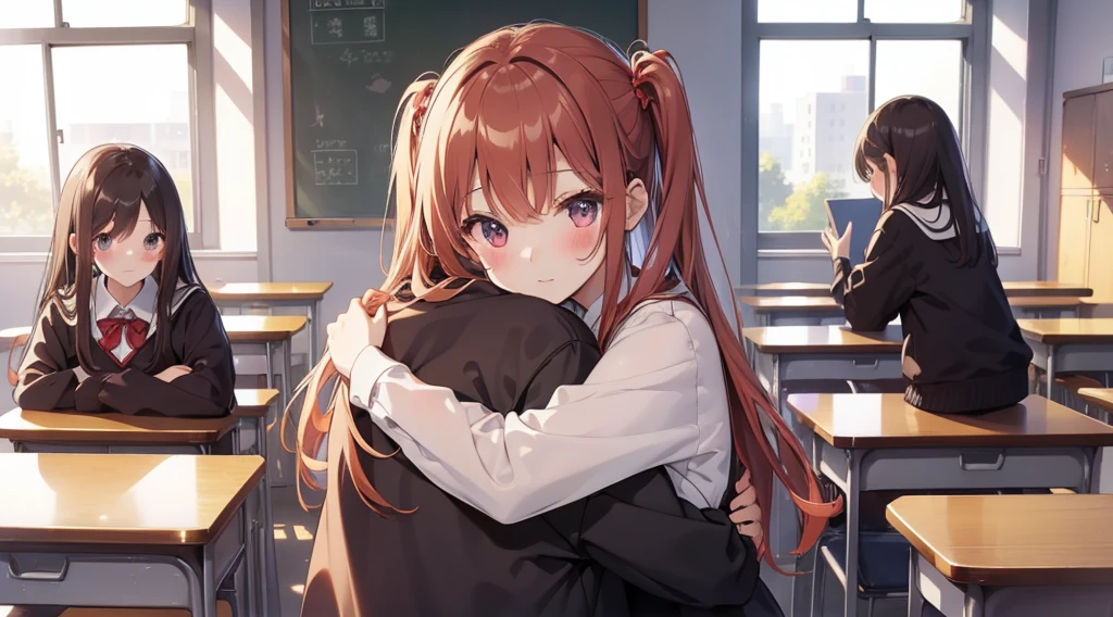 (Highest quality、detailed、Masterpiece、8K)、(2Cute girl)、((Hugging from behind))、Redness、high school girl、classroom