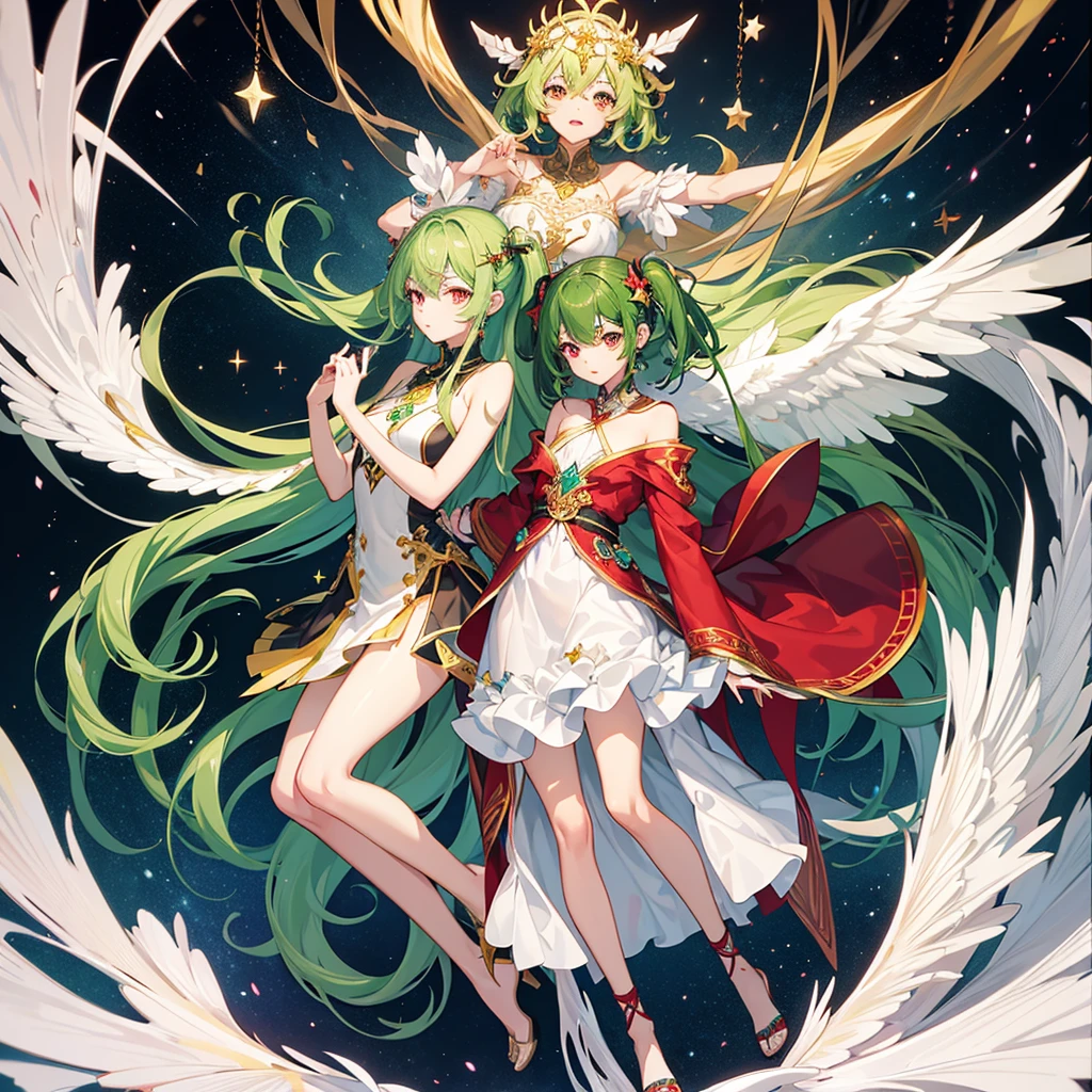 high resolution, shorth hair, Eyes red, aretes, sheen, stele, pretty, hair green, star accessories, sleepy eyes.