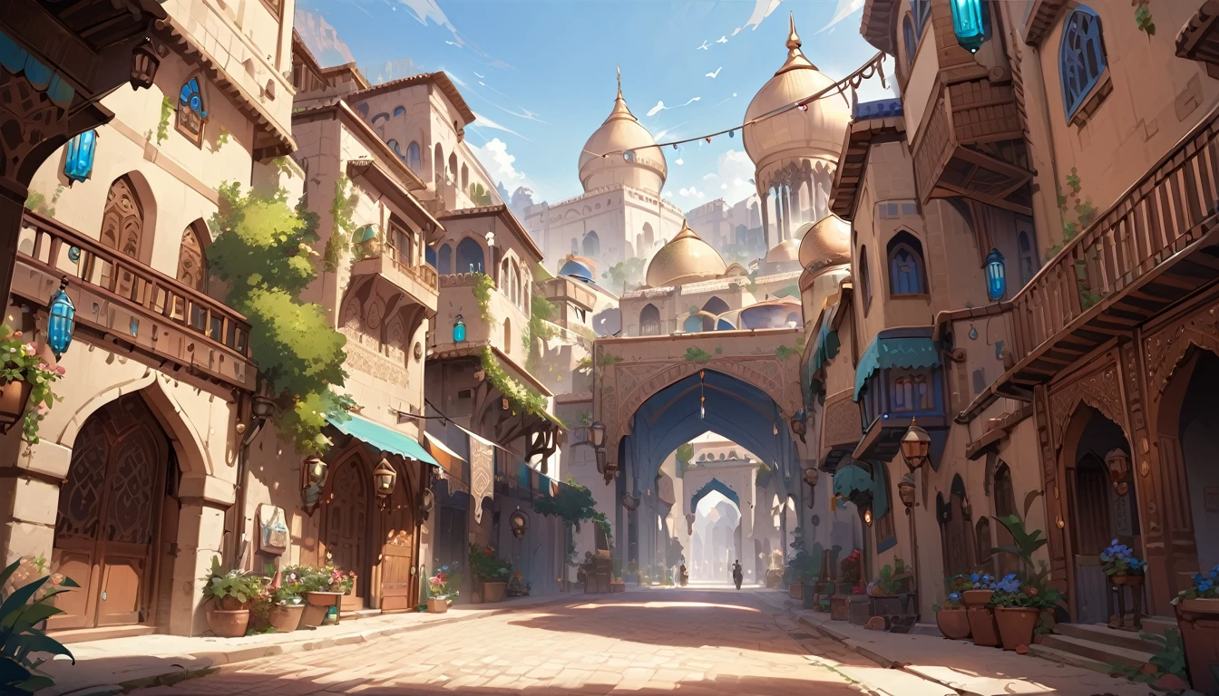 Highest quality,masterpiece,Arabian style town,landscape,There are no humans,Fantasy,Charming streetscape,Concept Art,Fantasy