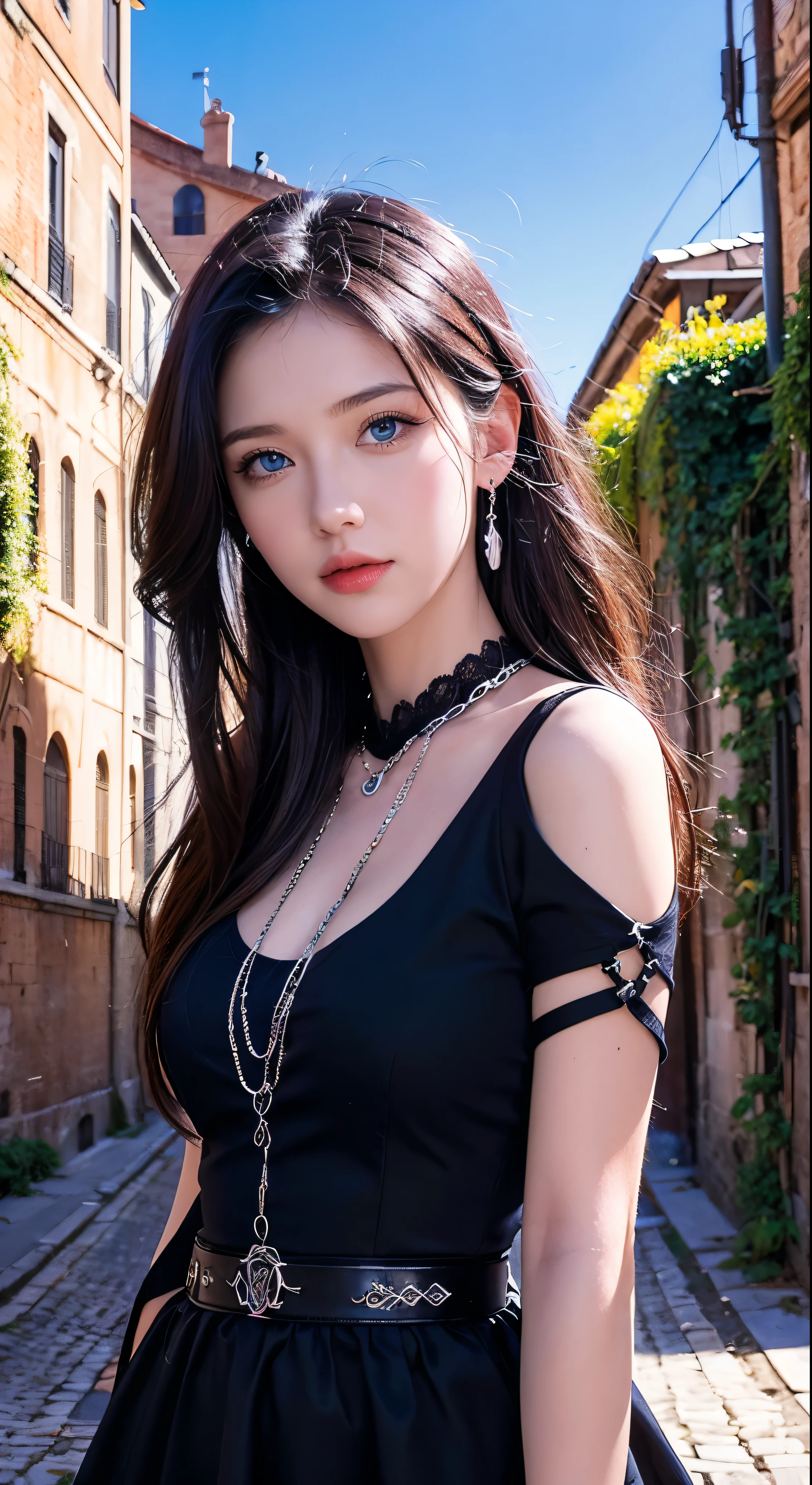 Rome, (realistic), watercolor, best quality, dynamic colors, swirls, architectural streets, a character portrait, blue eyes, vines, landscape, clear sky, black colors, chains connected to rings, digital painting, ultra high resolution,