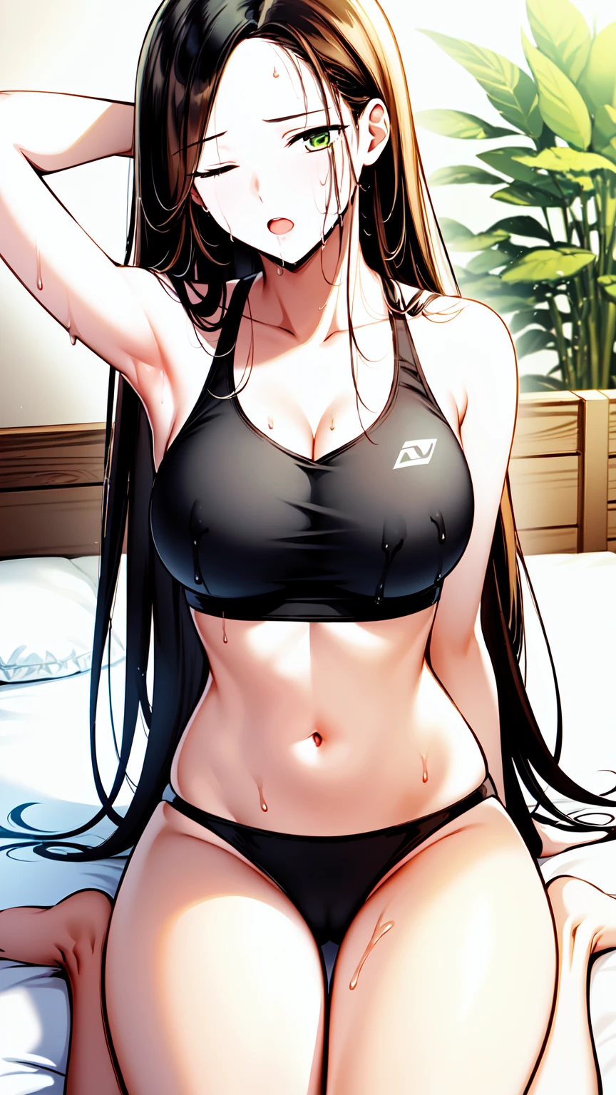 beautiful, masterpiece, best quality, extremely detailed face, perfect lighting, masterpiece, best quality, 1girl, blush, altairdb, very long hair, (green eyes:1.4), (black hair:1.4), buruma, sports bra, sportswears, navel, wet, sweat, ;o, one eyes closed, large breasts, arm behind head, sitting, wariza, on bed, looking at viewer