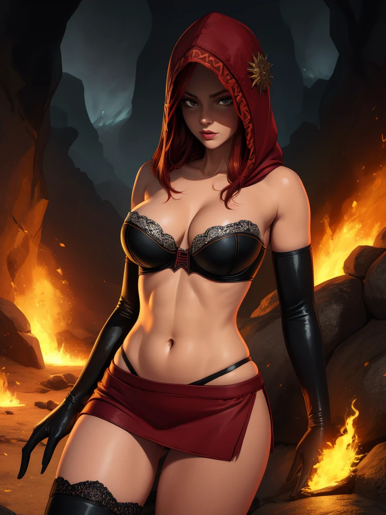 Dsorceress, redhair, shadowy face,dark cave, fire, hood, shadowed face, strapless bra, slim and athletic body, miniskirt, no panty, elbow gloves, dark skin, 1 girl (insanely detailed, masterpiece, best quality)
