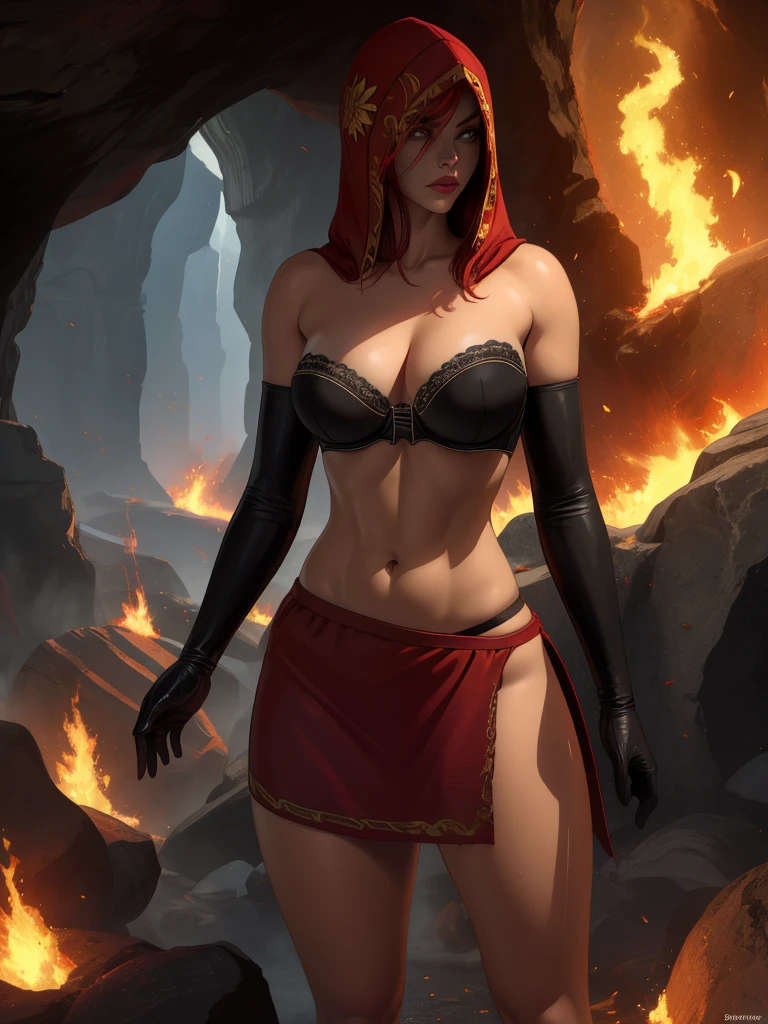 Dsorceress, redhair, shadowy face,dark cave, fire, hood, shadowed face, strapless bra, slim and athletic body, miniskirt, no panty, elbow gloves, dark skin, 1 girl (insanely detailed, masterpiece, best quality)
