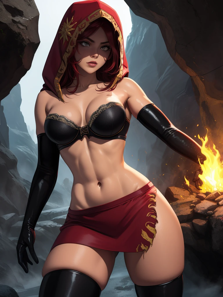 Dsorceress, redhair, shadowy face,dark cave, fire, hood, shadowed face, strapless bra, slim and athletic body, miniskirt, no panty, elbow gloves, dark skin, 1 girl (insanely detailed, masterpiece, best quality)
