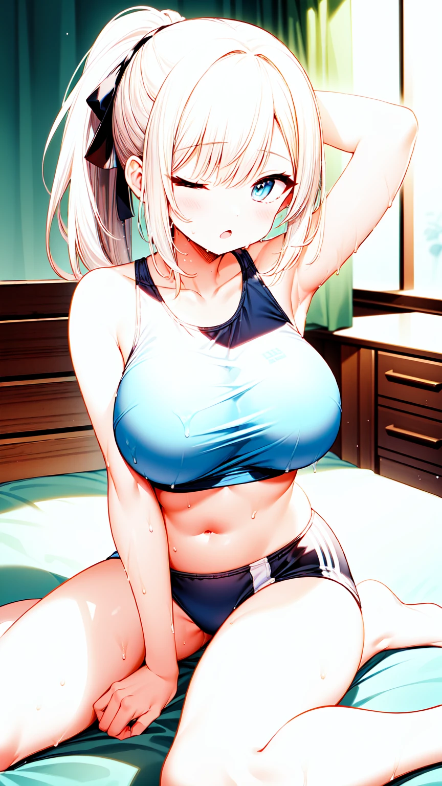 beautiful, masterpiece, best quality, extremely detailed face, perfect lighting, masterpiece, best quality, 1girl, blush, blue eyes, white hair, long hair, ponytail, buruma, sports bra, sideboob, sportswears, navel, wet, sweat, ;o, one eyes closed, large , arm behind head, sitting, wariza, on bed, looking at viewer
