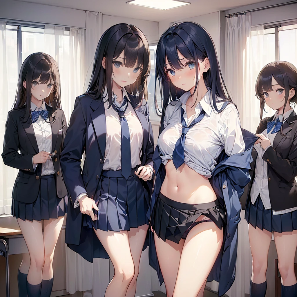 nsfw,side view 5girls,masterpiece, Highest quality, Five girls in a changing room,(looking away:1.2), profile,change clothes, in class room,((((undressing:0.8)))),((((half undress:1.4)))),(((school uniform))),((serafuku)),((Pleated skirt)), ((( みんな同じデザインのを着ている))), (((Everyone is wearing the same navy blue skirt))),topless,
(undressing clothes:1.3), (standing;1.2), thighs,((changing room)),(((loose))),window, ((curtains)),(((They are not looking directly at the viewer))), (((as rather focused on each other,gesturing animatedly as they talk))),(((eye contact))),(((Exchanging glances))),(((exchanging words))),(((calling out))),(((laughing while talking))),adjusting hair,hand on own face((adjusting hair)),(((arms behind head))),(pigeon toed),(open stance)