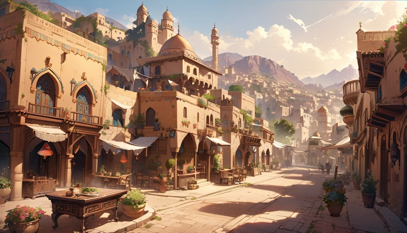 Highest quality,masterpiece,Arabian style town,landscape,There are no humans,Fantasy,Charming streetscape,Concept Art,Fantasy
