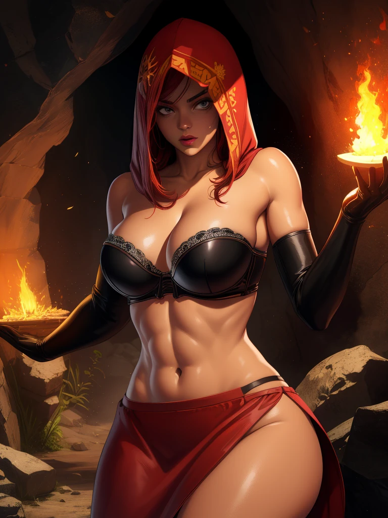 Dsorceress, redhair, shadowy face,dark cave, fire, hood, shadowed face, strapless bra, slim and athletic body, miniskirt, no panty, elbow gloves, dark skin, 1 girl (insanely detailed, masterpiece, best quality)
