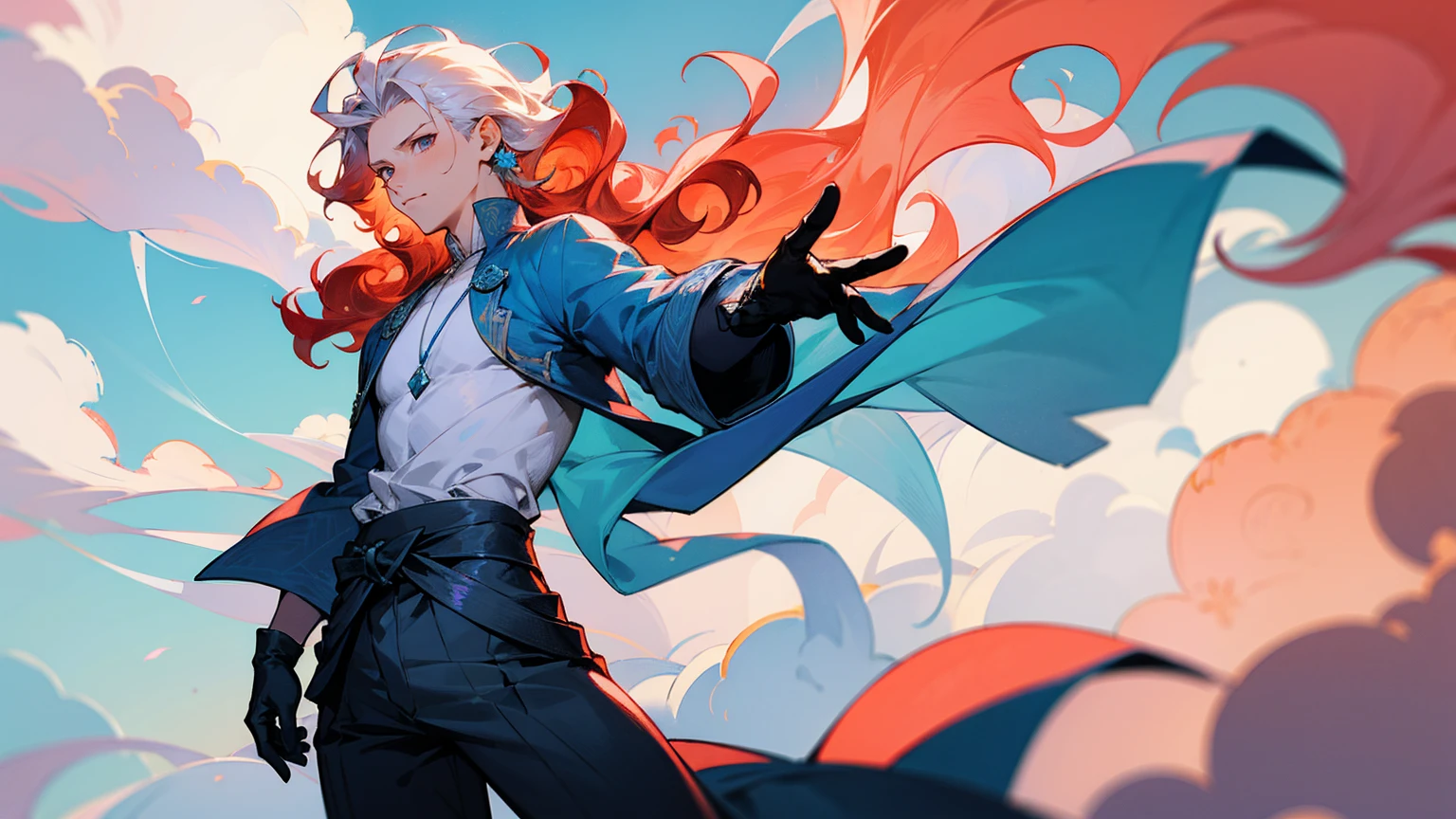 1male, young, coral hair, wavy hair, vergil hair, white long sleeve shirt, sky blue baggy pants, uwa-obi around waist, black gloves, 