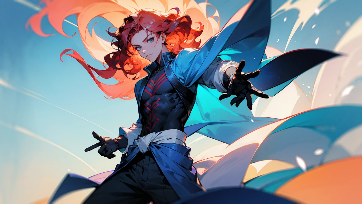 1male, young, coral hair, wavy hair, vergil hair, white long sleeve shirt, sky blue baggy pants, uwa-obi around waist, black gloves,