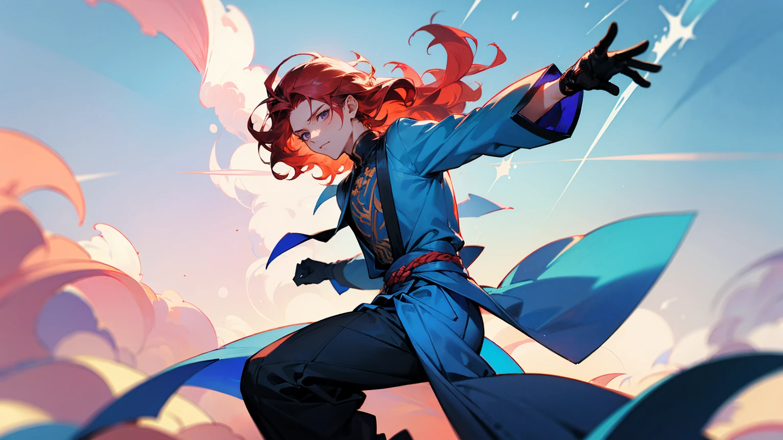 1male, young, coral hair, wavy hair, vergil hair, white long sleeve shirt, sky blue baggy pants, uwa-obi around waist, black gloves, 