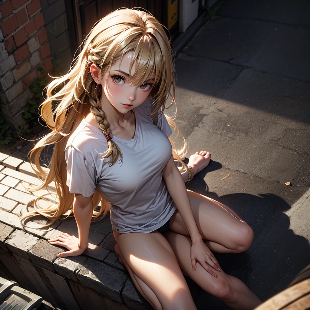 ((masterpiece)) (best quality), (ultra detailed), (vivid colors, foreshortening, depth of field) from above view, looking straight down at model, a young girl, beautiful, blonde, 2 braids, black bandana in hair, brown eyes, medium breasts, no shirt, nude, white t-shirt, panties, sitting on her knees, looking straight up at viewer, background is a dark alley, dumpster, ultra low lighting, night