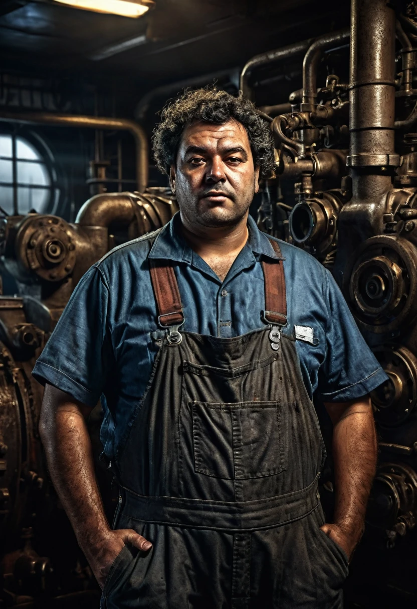 (((Portrait of a 21st century Brazilian engine room worker ))), fat, and rough face stained with soot, photorealistic details, ((engine room complex machinery background)), pistons, and tubes, strong lighting, ((a worker in overalls)), realism Cinematic rendering of gritty engine room interior, dark tones with dramatic light and shadow, front view of ship&#39;s gray-haired stoker in dirty, oil-stained clothes, rosto enrugado pela tensão e sujeira do work árduo, fotorrealism, Industrial environment of the 2024s, solemn and gloomy atmosphere, complex period clothing and architectural details, film composition, Industry, factories, work