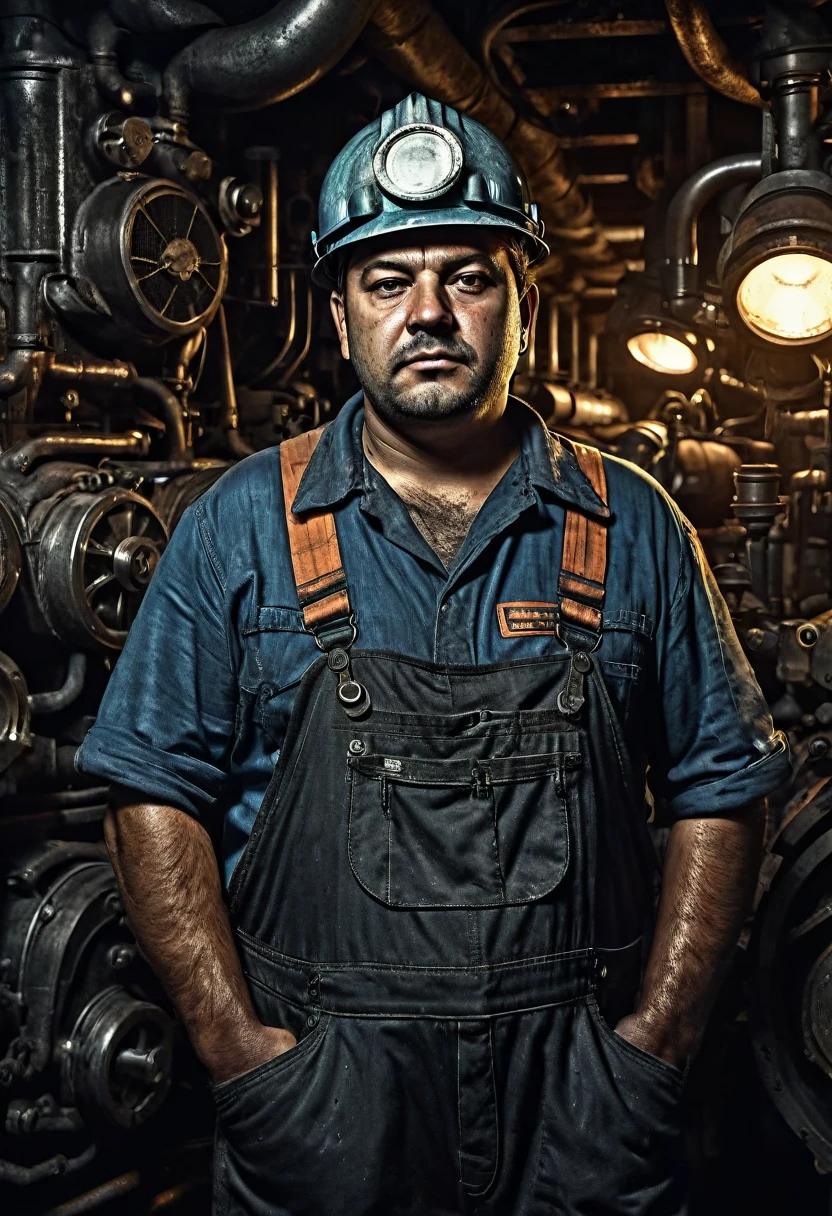 (((Portrait of a 21st century Brazilian engine room worker ))), fat, and rough face stained with soot, photorealistic details, ((engine room complex machinery background)), pistons, and tubes, strong lighting, ((a worker in overalls)), realism Cinematic rendering of gritty engine room interior, dark tones with dramatic light and shadow, front view of ship&#39;s gray-haired stoker in dirty, oil-stained clothes, rosto enrugado pela tensão e sujeira do work árduo, fotorrealism, Industrial environment of the 2024s, solemn and gloomy atmosphere, complex period clothing and architectural details, film composition, Industry, factories, work