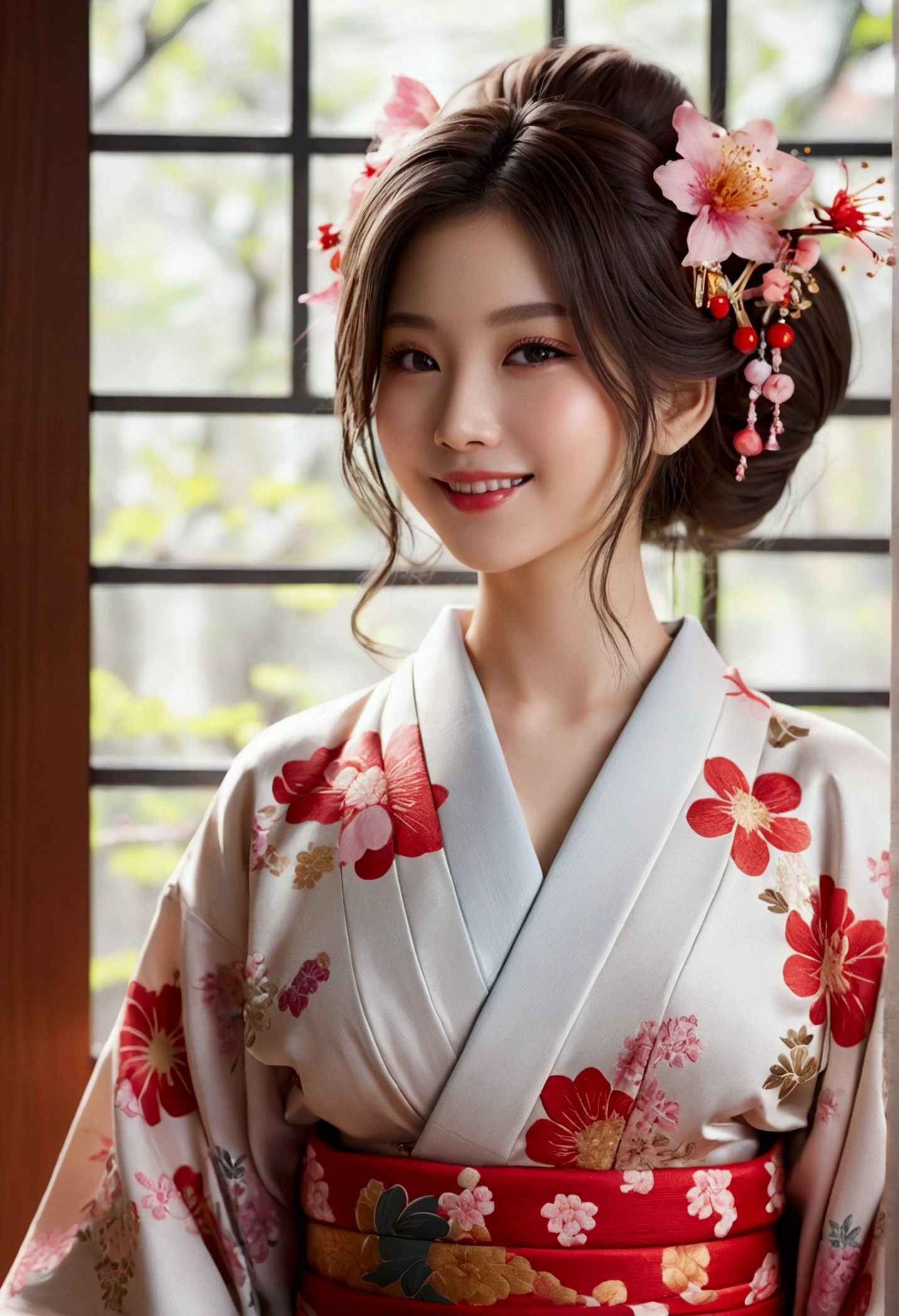 whole body, highest quality, figure, Very detailed, In detail, High resolution, 8k wallpaper, Perfect dynamic composition, Beautiful fine details, Flower pattern kimono,Medium Hair, Center of chest, Natural color lip, Random sexy poses,smile,Morning Shrine,Flower Hair Ornaments,Cute girlfriend